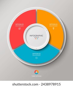 Círculo de infografía vectorial. Diagrama de ciclo con 3 opciones. Gráfico redondo que se puede utilizar para informe, análisis de negocios, visualización de datos, presentación, folleto.