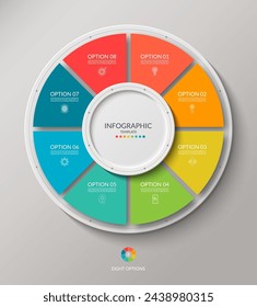 Círculo de infografía vectorial. Diagrama de ciclo con 8 opciones. Gráfico redondo que se puede utilizar para informe, análisis de negocios, visualización de datos, presentación, folleto.