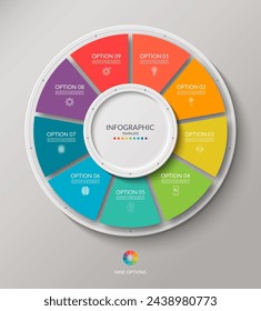 Vektor-Infografik-Kreis. Zyklusdiagramm mit 9 Optionen. Runddiagramm, das für Berichte, Business Analytics, Datenvisualisierung, Präsentation, Broschüre verwendet werden kann.