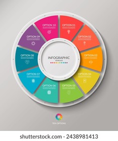 Vector infographic circle. Cycle diagram with 10 options. Round chart that can be used for report, business analytics, data visualization, presentation, brochure.