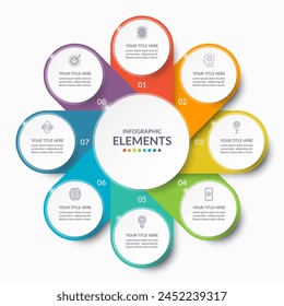 Vector infographic circle. Cycle diagram with 8 steps. Simple and accessible infographic design for report, business analytics, data visualization, social media and presentation. Easy editable.