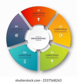 Vector infographic circle. Cycle diagram with 5 options. 5-step round chart. Can be used for report, business analytics, data visualization and presentation.