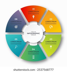 Vector infographic circle. Cycle diagram with 6 options. 6-step round chart. Can be used for report, business analytics, data visualization and presentation.
