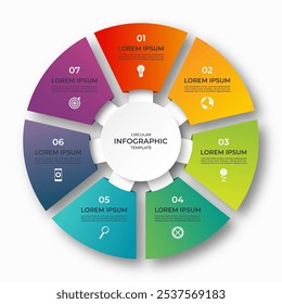 Círculo infográfico vetorial. Diagrama de ciclo com 7 opções. Gráfico redondo de 7 etapas. Pode ser usado para relatórios, análises comerciais, visualização e apresentação de dados.