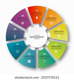 Círculo infográfico vetorial. Diagrama de ciclo com 9 opções. Gráfico redondo de 9 etapas. Pode ser usado para relatórios, análises comerciais, visualização e apresentação de dados.