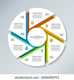 Vector infographic circle. Cycle diagram with 6 steps. Round chart that can be used for report, business analytics, educational resources, marketing materials, visualizing data, presentations.