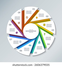 Vector infographic circle. Cycle diagram with 9 steps. Round chart that can be used for report, business analytics, educational resources, marketing materials, visualizing data, presentations.