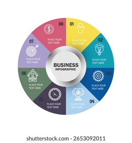 Círculo infográfico vetorial. Diagrama de ciclo com 8 opções. Pode ser usado para gráfico, gráfico, relatório, apresentação