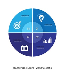 Círculo de infografía Vector. Diagrama de ciclo con 4 pasos. Gráfico redondo que se puede utilizar para informes, análisis de negocios, visualización de datos y presentación