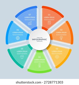 Círculo infográfico vetorial. Diagrama de ciclo com 7 etapas. Gráfico redondo que pode ser usado para relatório, análise comercial, visualização e apresentação de dados. Modelo de vetor com efeito de vidro líquido.
