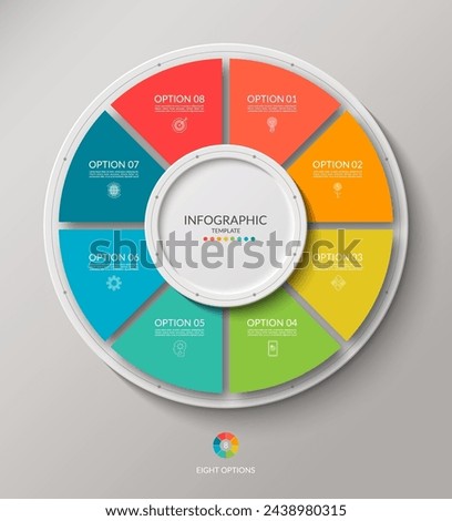 Vector infographic circle. Cycle diagram with 8 options. Round chart that can be used for report, business analytics, data visualization, presentation, brochure.