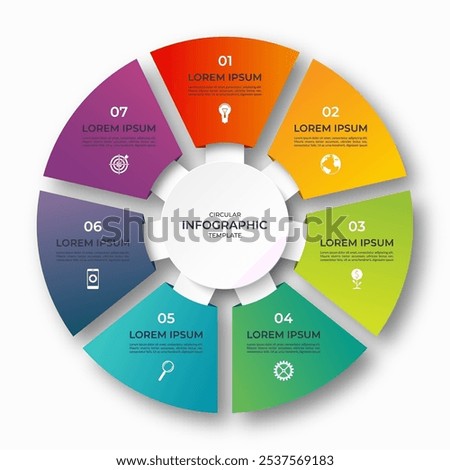 Vector infographic circle. Cycle diagram with 7 options. 7-step round chart. Can be used for report, business analytics, data visualization and presentation.