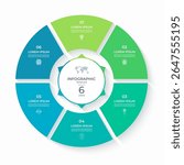 Vector infographic circle divided into 6 steps. Cycle diagram with 6 options. Round chart that can be used for report, business analytics, data visualization and presentation, educational content.