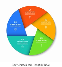 Vector infographic circle divided into 5 sections, parts. Cycle diagram with 5 options. 5-step round chart. Can be used for presentations, reports, brochures, visualizing data, marketing materials.