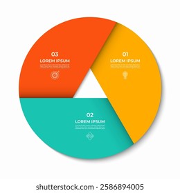 Vector infographic circle divided into 3 sections, parts. Cycle diagram with 3 options. 3-step round chart. Can be used for presentations, reports, brochures, visualizing data, marketing materials.