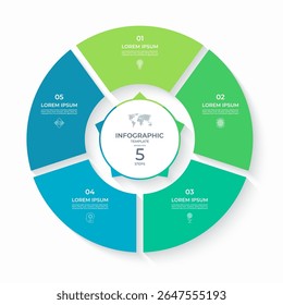 Vector infographic circle divided into 3 steps. Cycle diagram with 5 options. Round chart that can be used for report, business analytics, data visualization and presentation, educational content.