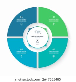 Vector infographic circle divided into 4 steps. Cycle diagram with 4 options. Round chart that can be used for report, business analytics, data visualization and presentation, educational content.
