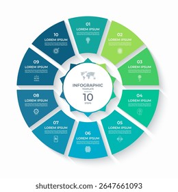 Vector infographic circle divided into 10 steps. Cycle diagram with 10 options. Round chart that can be used for report, business analytics, data visualization and presentation, educational content.