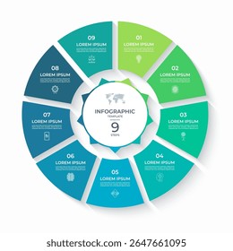 Vector infographic circle divided into 9 steps. Cycle diagram with 9 options. Round chart that can be used for report, business analytics, data visualization and presentation, educational content.
