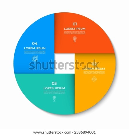 Vector infographic circle divided into 4 sections, parts. Cycle diagram with 4 options. 4-step round chart. Can be used for presentations, reports, brochures, visualizing data, marketing materials.