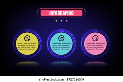 Vector infographic circle label banner elements and number 3 steps. Presentation business infographic template with three options. Business infographics concept reflection on the ground backside dark.