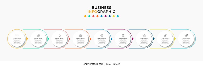 Plantilla de negocio de diseño de etiquetas de círculo de vectores Infografía con iconos y 9 opciones o pasos. Se puede utilizar para el diagrama de procesos, presentaciones, diseño de flujo de trabajo, banner, diagrama de flujo, gráfico de información