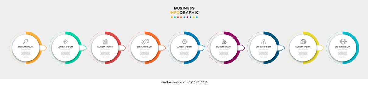 Vector Infographic circle label design business template with icons and 9 options or steps. Can be used for process diagram, presentations, workflow layout, banner, flow chart, info graph