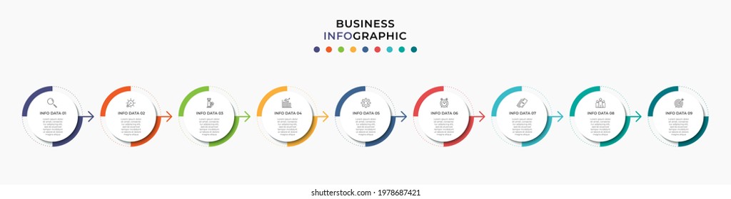 Vector Infographic circle label design business template with icons and 9 options or steps. Can be used for process diagram, presentations, workflow layout, banner, flow chart, info graph