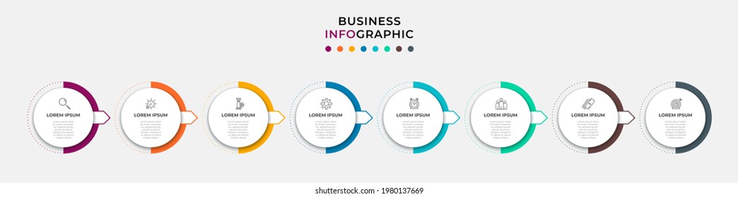 Vector Infographic circle label design business template with icons and 8 options or steps. Can be used for process diagram, presentations, workflow layout, banner, flow chart, info graph