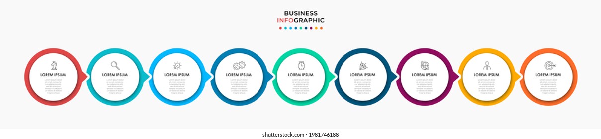 Plantilla de negocio de diseño de etiquetas de círculo de vectores Infografía con iconos y 9 opciones o pasos. Se puede utilizar para el diagrama de procesos, presentaciones, diseño de flujo de trabajo, banner, diagrama de flujo, gráfico de información