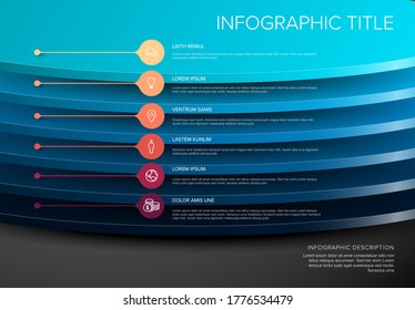 Vector Infographic circle layers template with six level desks for material structure - blue and red color template with dark background