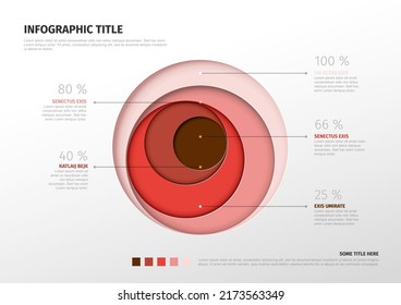 Plantilla de capas de círculos infográficos vectoriales con círculos de recursos compartidos de cinco niveles - plantilla de colores rojos con elementos de fondo claro y descripción de porcentaje