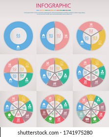 Conjunto de círculo de infografía vectorial. Concepto de negocio con 2,3,4,5,6,7,8,9 opciones, pasos o procesos.