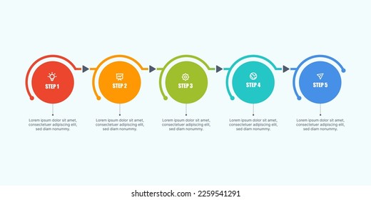 Vector Infographic in circle shape with 5 steps in horizontal formation used for workflow layout used for marketing presentations, business data visualization