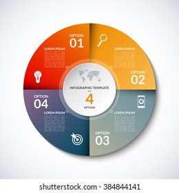 Vector infographic circle template with 4 steps, parts, options, sectors, stages. Can be used for graph, pie chart, workflow layout, cycling diagram, brochure, report, presentation, web design. 