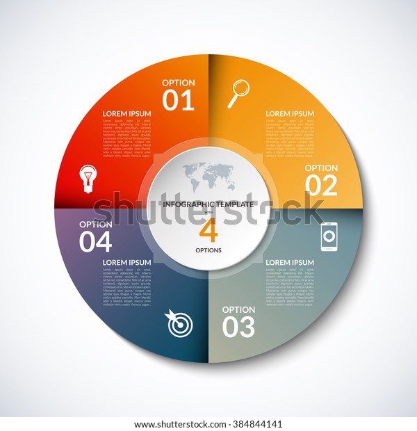 Vector infographic circle template with 4 steps, parts,
options, sectors, stages. Can be used for graph, pie chart,
workflow layout, cycling diagram, brochure, report, presentation,
web design. 