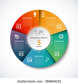 Modelo de círculo de infográfico vetorial com 5 etapas, peças, opções, setores, estágios. Pode ser usado para gráfico, gráfico de pizza, layout de fluxo de trabalho, diagrama de ciclismo, folheto, relatório, apresentação, web design. 