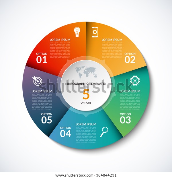 Vector infographic circle template with 5 steps, parts,
options, sectors, stages. Can be used for graph, pie chart,
workflow layout, cycling diagram, brochure, report, presentation,
web design. 