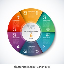 Vector infographic circle template with 6 steps, parts, options, sectors, stages. Can be used for graph, pie chart, workflow layout, cycling diagram, brochure, report, presentation, web design. 