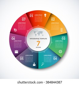 Vector infographic circle template with 7 steps, parts, options, sectors, stages. Can be used for graph, pie chart, workflow layout, cycling diagram, brochure, report, presentation, web design. 