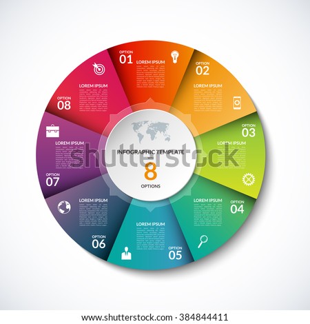 Vector infographic circle template with 8 steps, parts, options, sectors, stages. Can be used for graph, pie chart, workflow layout, cycling diagram, brochure, report, presentation, web design. 