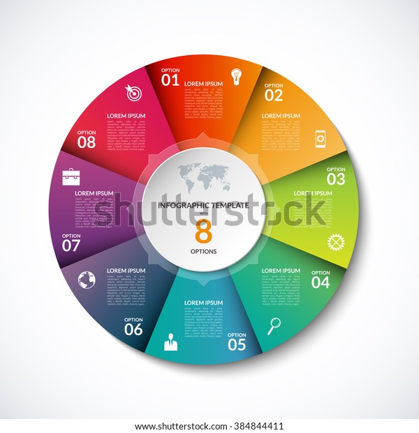 Vector infographic circle template with 8 steps, parts,
options, sectors, stages. Can be used for graph, pie chart,
workflow layout, cycling diagram, brochure, report, presentation,
web design. 