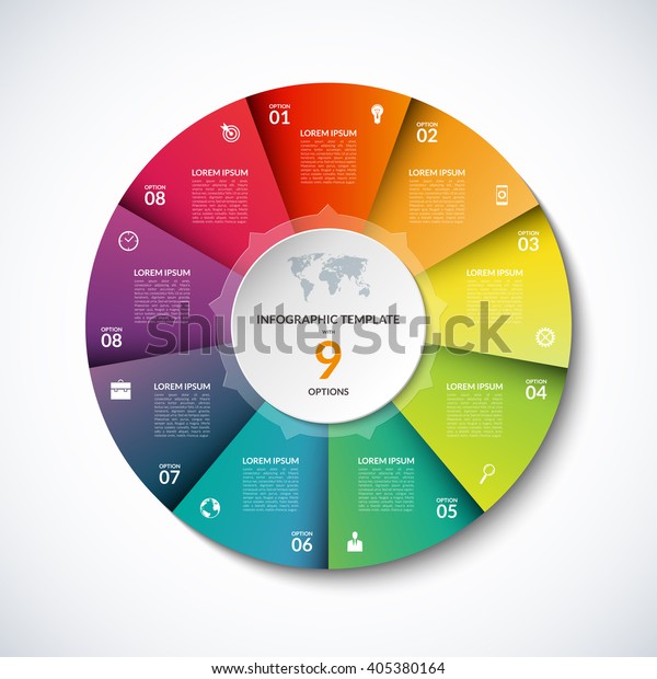 Vector infographic circle template. Round banner with 9
steps, stages, options, parts. Can be used for diagram, graph, pie
chart, brochure, report, business presentation, web design.
