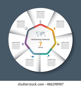 Vector infographic circle template. White round banner with 7 steps or options. Business concept with the set of marketing icons and design elements. Can be used for cycle diagram, pie chart, graph
