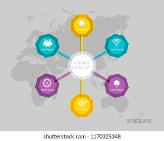 Vector Infographic circle,polygon label, template design. Business concept,  with icon 6 step.Infographic element for layout process diagram.