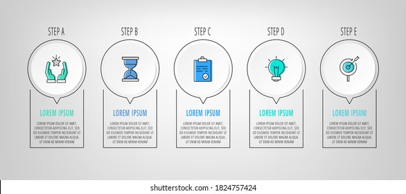 Vector infographic circles with 5 steps, arrows. Line template used for diagram, business, web, banner, flowchart, info graph, content, levels, chart, processes diagram. Data visualization.