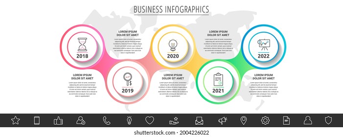 Círculos de infografía vectorial. Concepto de negocio de 5 opciones. Plantilla de línea de tiempo paso a paso con cinco etiquetas para diagrama, web, banner, presentaciones, diagrama de flujo, contenido, niveles, gráfico, gráfico