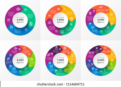 Vector Infographic Circular Arrows With Icons And 3, 4, 5, 6, 7, 8 Options Or Steps. Business Concept. Can Be Used For Presentations Banner, Workflow Layout, Process Diagram, Flow Chart, Info Graph