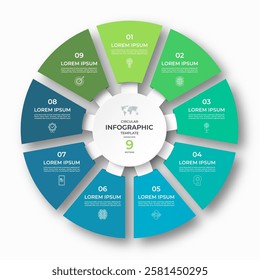 Vector infographic circular template divided into 9 sections, parts. Cycle diagram with 9 options. 9-step round chart. Suitable for use in presentations, reports, visualizing data, marketing materials