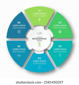 Vector infographic circular template divided into 6 sections, parts. Cycle diagram with 6 options. 6-step round chart. Suitable for use in presentations, reports, visualizing data, marketing materials